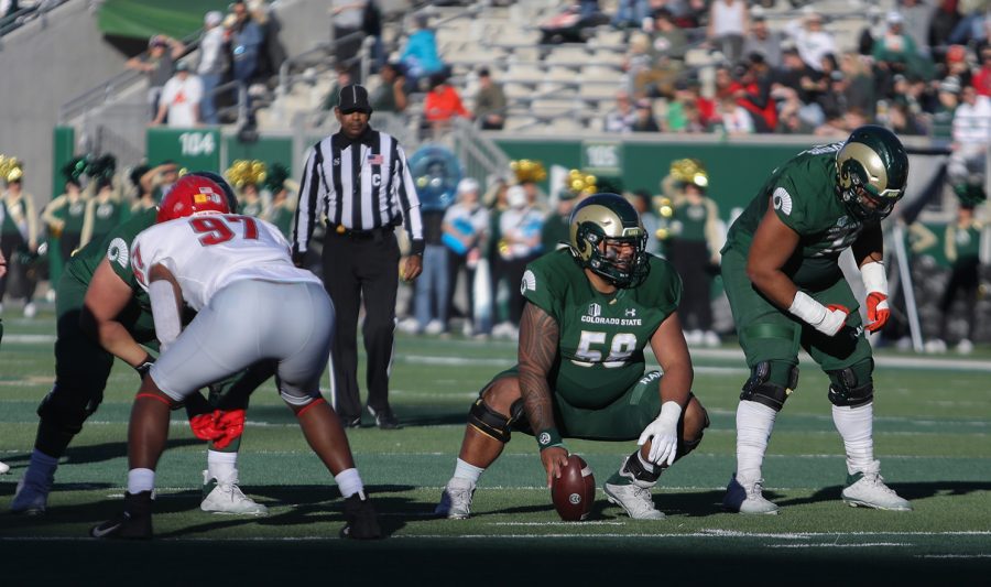 Colorado State University redshirt freshman George Miki-Han (58) prepares for a play at the CSU game against The University of New Mexico Nov. 25. The Rams kept a lead 7-0 at halftime.