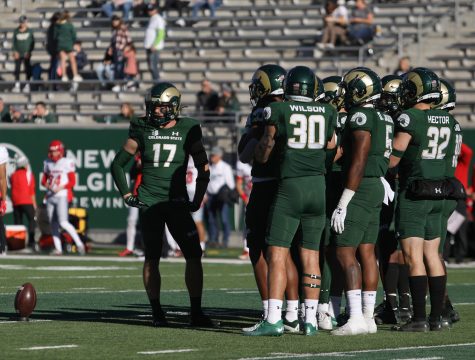 Colorado State University football players wait for the game against The University of New Mexico Lobos to begin Nov. 25. The Rams won 17-0, finishing the 2022 season 3-9.