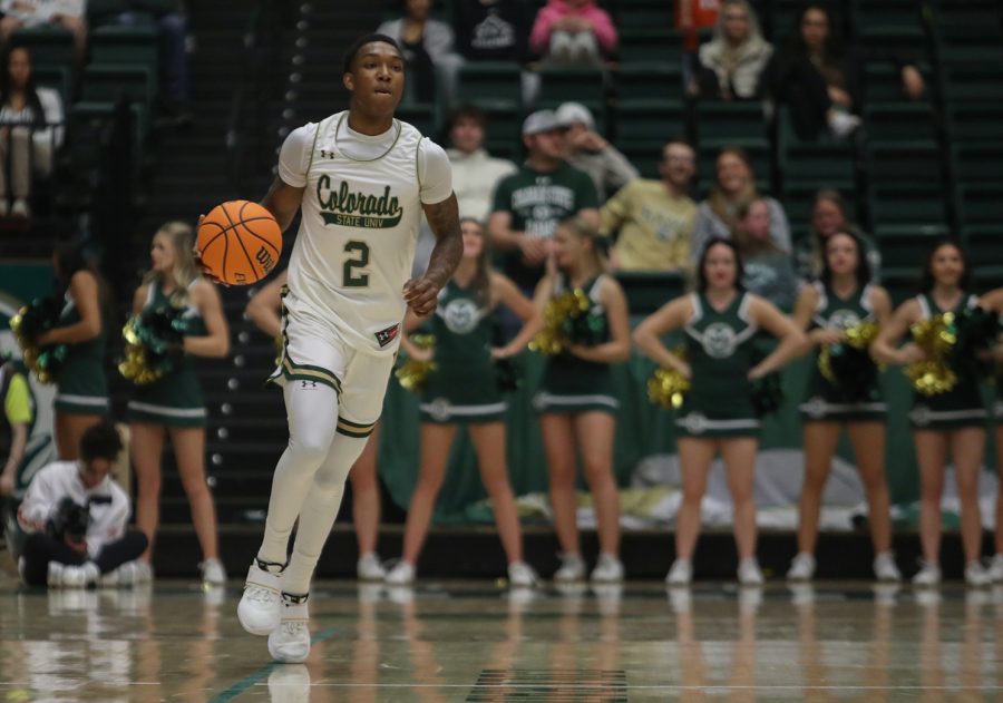 Colorado+State+University+guard+Tavi+Jackson+%282%29+brings+the+ball+up+the+court+at+the+game+against+Mississippi+Valley+State+University+Nov.+26%2C+2022.