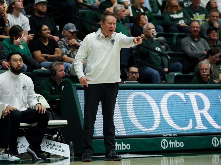Colorado State University mens basketball head coach Niko Medved calls out a play to his team during a stoppage Nov. 26, 2022. The Rams beat Mississippi Valley State University 88-45 at Moby Arena, bringing their season record to 5-2.