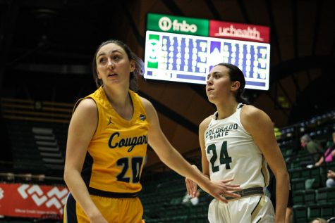 Sydney Mech eyes the rebound off the Colorado Christian University miss