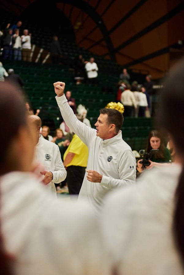 Colorado State women's basketball coach Ryun Williams talks to his team after their win over Brigham Young University Nov. 8.