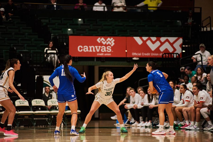 Guard, Hannah Ronsiek (30) reaches out to defend Brigham Young guard, Arielle Mackey-Williams (5) at the wing, Nov. 8. Ronsiek scored ten points with five defensive rebounds in the 82-62 win for the Rams over the visiting Cougars