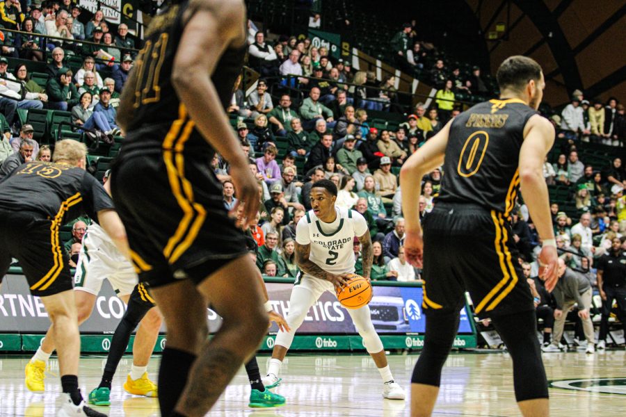 Colorado State guard Tavi Jackson gets ready to drive the ball to the hoop against four Southeastern Louisiana defenders Nov 11.
