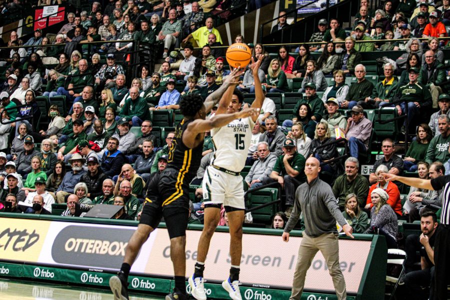 Colorado State guard Jalen Lake shoots over a Southeastern Louisiana defender for the three point basket Nov 11.