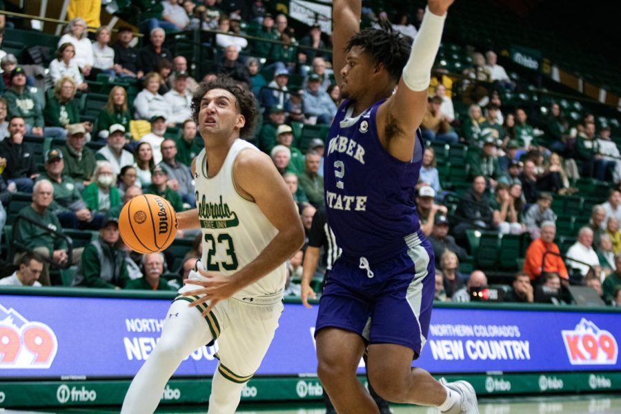 Colorado State guard Isaiah River (23) drives to the basket against Weber State forward Dillon Jones (2) Nov 14.