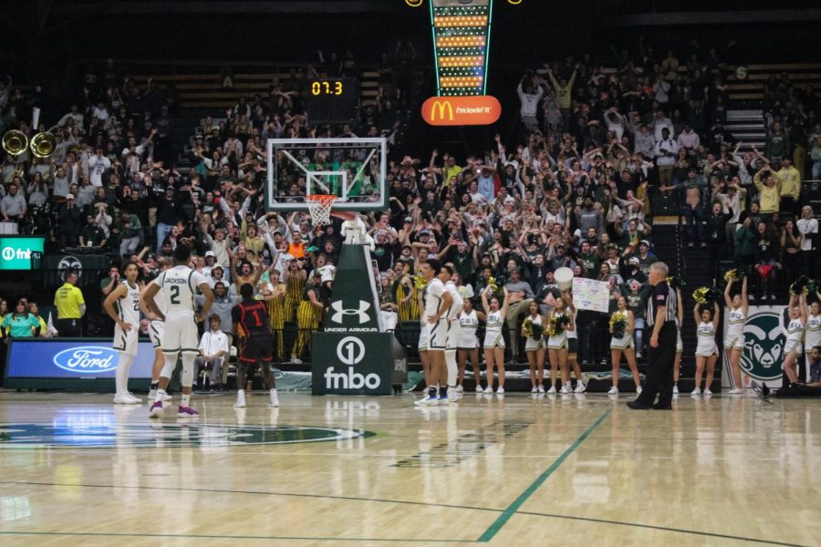 The Rams watch as Julien Soumaoro (1) from Gardener Webb shoots a free throw Nov. 7. GWU was up 11 points at half-time but ultimately lost to CSU 65-63.