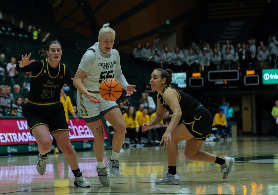Senior guard Meghan Boyd (55) loses control of the ball between two San Francisco State University defenders at Moby Arena Dec. 10, 2022. The Rams lost 73-62, with Boyd recording three defensive rebounds.