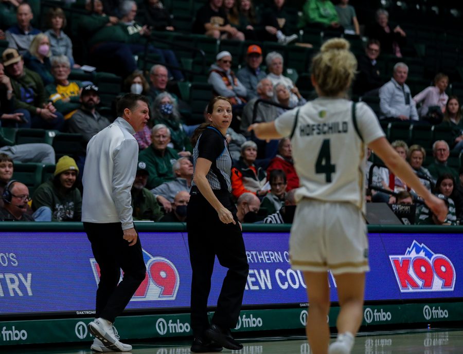 Colorado State University women's basketball head coach Ryun Williams argues a foul during the Rams' game against San Francisco State University at Moby Arena Dec. 10, 2022. Williams received a technical foul during the final minutes of the Rams' 73-62 loss to the Dons.
