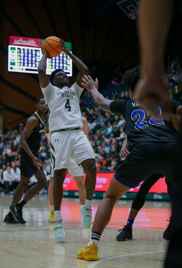 Guard Isaiah Stevens (4) goes up for a shot at the Colorado State University game against San Jose State University at Moby Arena Dec. 31, 2022. The Rams lost 78-70, with Stevens putting up 24 points and 10 assists.