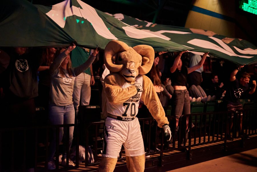 Colorado State University Mascot, CAM the Ram cheers at the start of the men's home basketball game against University of Northern Colorado Dec. 3. Rams lost to the Bears by 5 points with a final score of 83-88.