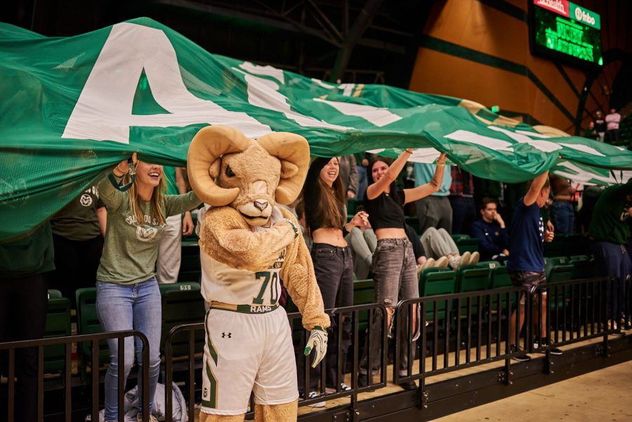 Colorado State University Mascot, CAM the Ram cheers at the start of the men's home basketball game against University of Northern Colorado Dec. 3. Rams lost to the Bears by 5 points with a final score of 83-88.
