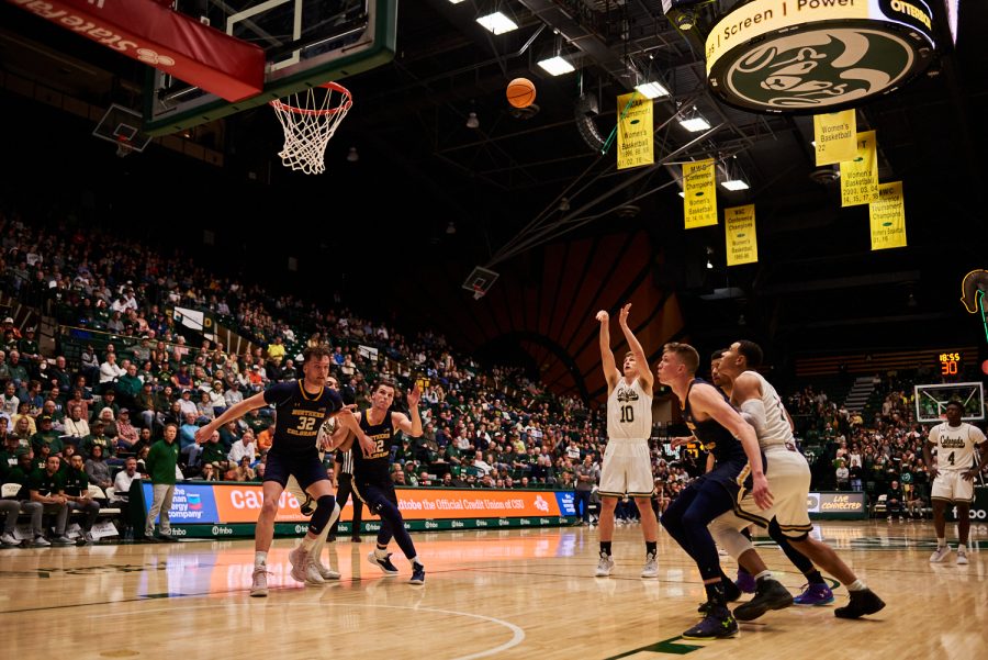 Forward James Moors (10) shoots free throws after a foul at the home game against University of Northern Colorado Dec. 3. Moors scored 3 out of 4 possible points against the bears from the freethrow line. Rams lost to the Bears by 5 points with a final score of 83-88.