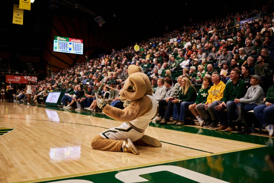 Colorado State University Mascot, CAM the Ram plays the air guitar during a timeout at the men's home basketball game against University of Northern Colorado Dec. 3. Rams lost to the Bears by 5 points with a final score of 83-88.