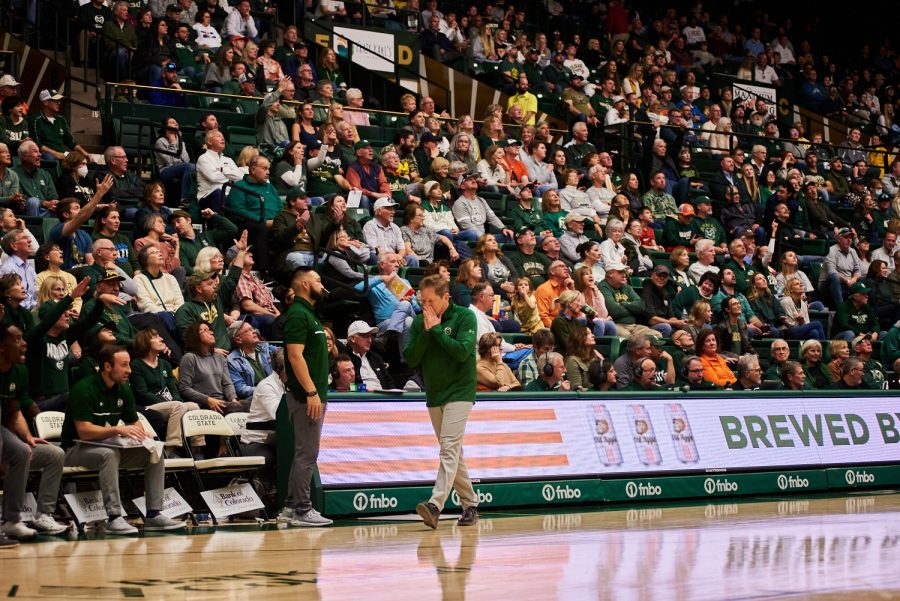 Head coach Niko Medved is disappointed by an unfair call by the referee at the home game against University of Northern Colorado Dec. 3. Throughout the game, referees called a total of 24 fouls. Fans and coaches were outraged at the frequency of foul calls. Rams lost to the Bears by 5 points with a final score of 83-88.