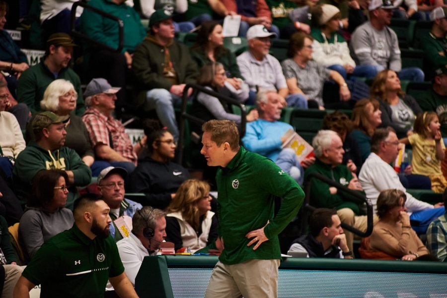 Head coach Niko Medved is disappointed by an unfair call by the referee to counter the call at the home game against University of Northern Colorado Dec. 3. Throughout the game, referees called a total of 24 fouls. Fans and coaches were outraged at the frequency of foul calls. Rams lost to the Bears by 5 points with a final score of 83-88.