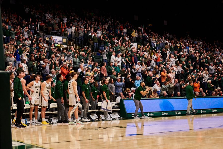 Colorado State University men's basketball team cheers when Guard Jalen Lake (15) makes a  jump shot to tie the score at 73-73 with 5 minutes left Dec. 3. Rams came back from a 15 point difference through a series of defensive rebounds. Rams lost to the Bears by 5 points with a final score of 83-88.