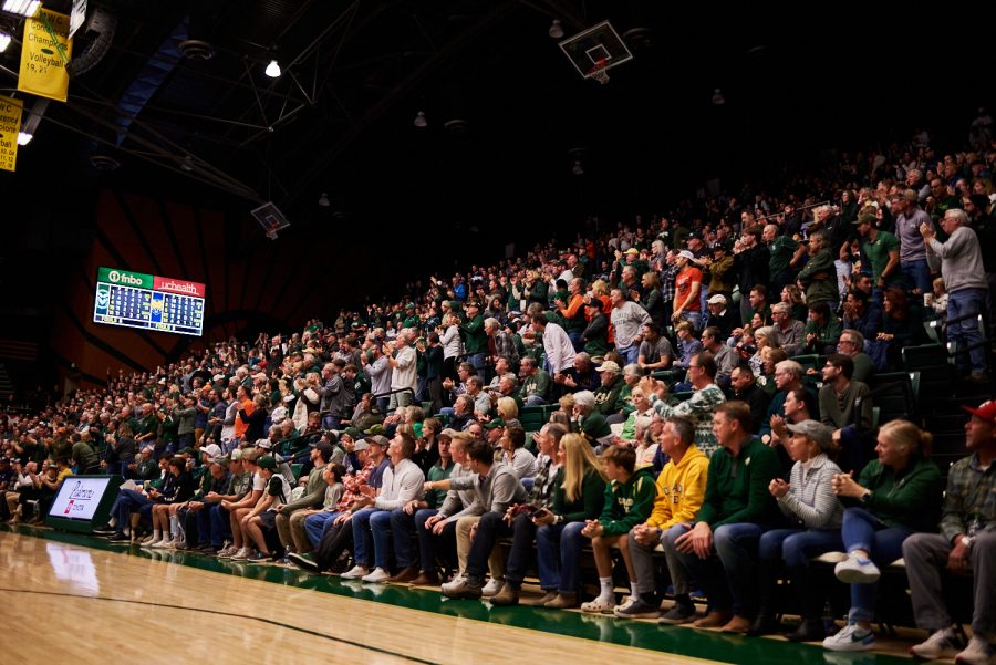 Colorado State University fans cheer when Forward James Moors (10) makes a free throw to take the lead at 74-73 with 4 minutes left Dec 3. Rams came back from a 15 point difference through a series of defensive rebounds. Rams lost to the Bears by 5 points with a final score of 83-88.
