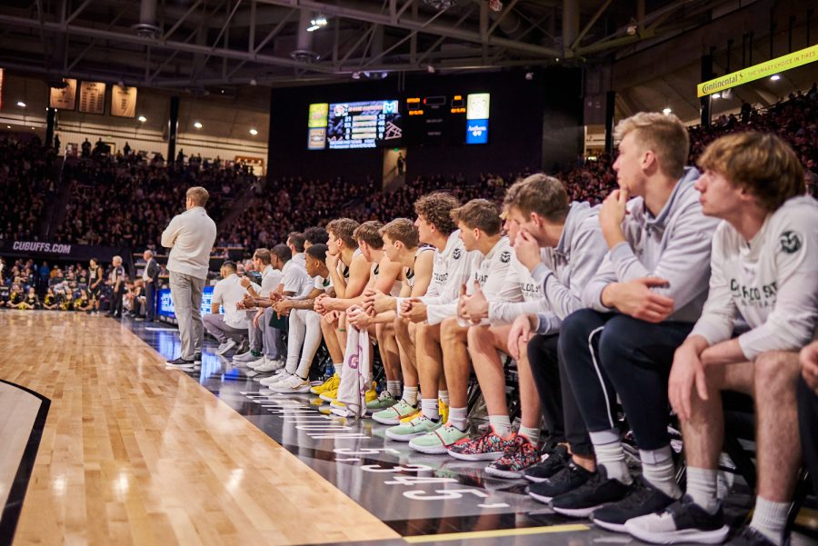 Colorado State University men’s basketball team watches the rest of the team play at the University of Colorado Boulder away basketball game Dec. 8. Colorado State University lost with a final score of 65-93.
