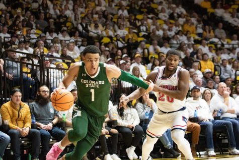Colorado State guard John Tonje dribbles past Wyoming guard Ethan Anderson (20) Jan 21.