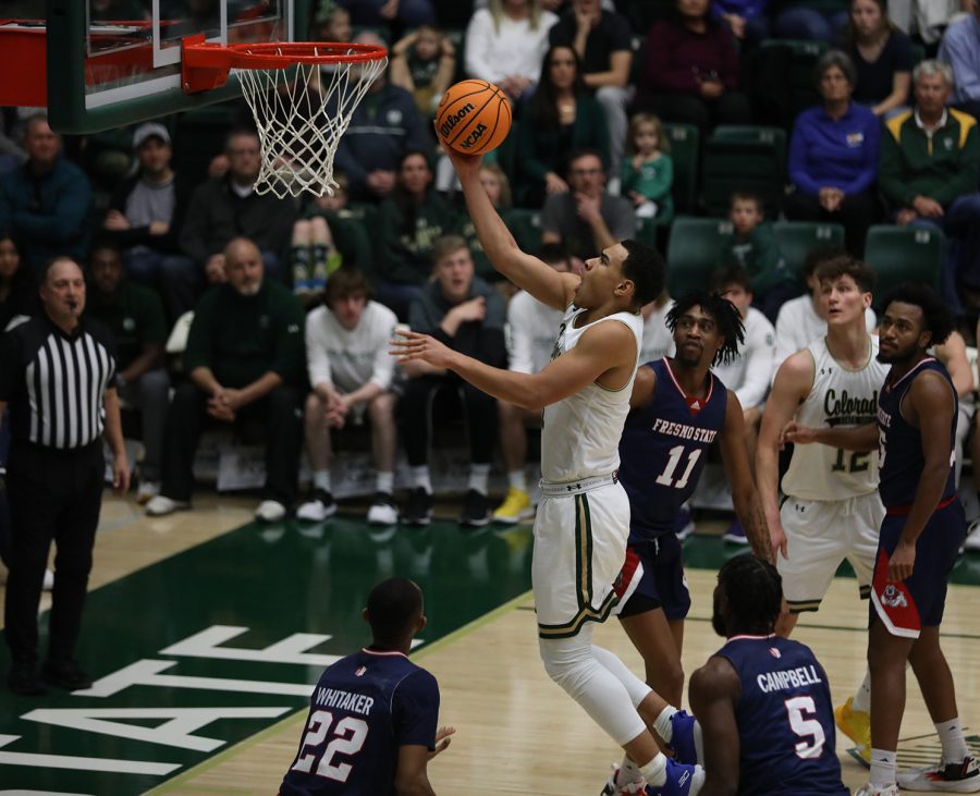 Senior John Tonje (1) puts up a shot in the second half of the Colorado State University game against California State University, Fresno at Moby Arena Jan. 7, 2023. The Rams won 79-57 to snap a four-game losing streak.