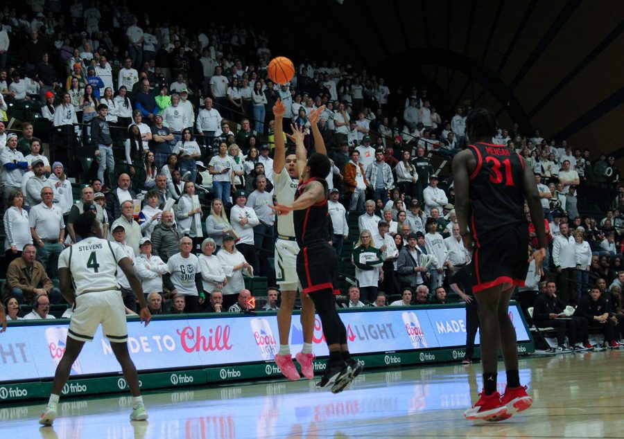 John Tonje (1), guard, shoots a three point shot Jan. 18. Colorado State played San Diego State ultimately losing in overtime 76-82.