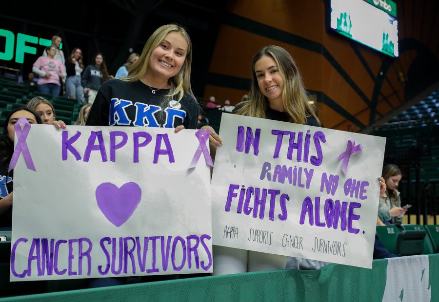 Georgia Lane and Lauryn Wastvedt, Kappa Kappa Gamma sorority members, hold signs at the Colorado State University womens basketball Fight Like a Ram game at Moby Arena Jan. 21, 2023. The Kappa Kappa Gamma sororitys house director Marilyn Votaw was one of the cancer patients recognized at the game.