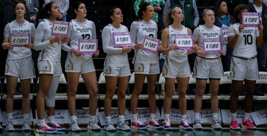 The Colorado State University womens basketball team holds up I fight for a cure signs for the annual Fight Like a Ram game at Moby Arena Jan. 21, 2023. The Rams wore the names of local cancer patients on their jerseys in recognition of the cause.