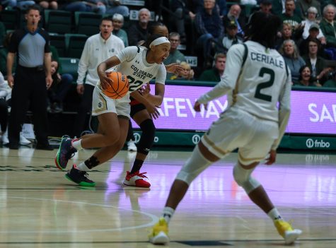 Colorado State University guard Cailyn Crocker (32) steals the ball from the University of Nevada, Las Vegas at Moby Arena Jan. 21, 2023. The Rams lost 63-58, with UNLV serving CSU their sole Mountain West Conference loses of the season.
