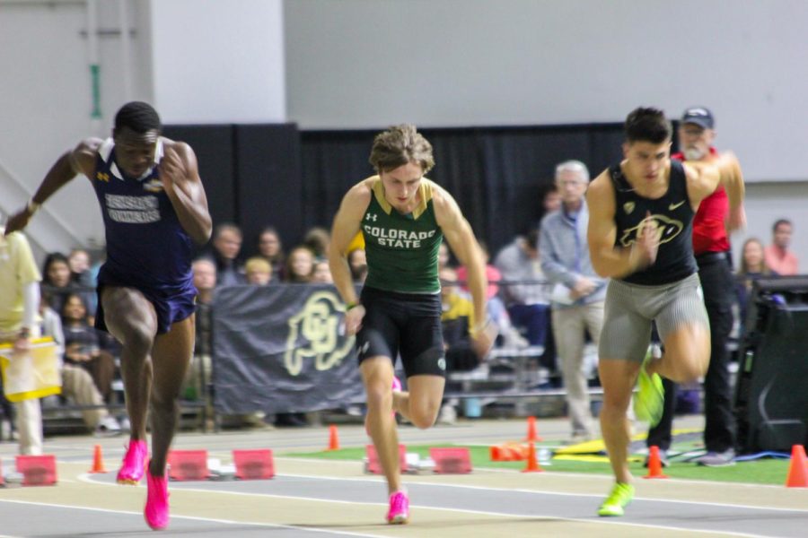 Tyler Collwell has a strong start in the mens 60 meters at the Colorado Invitational at University of Colorado, Boulder