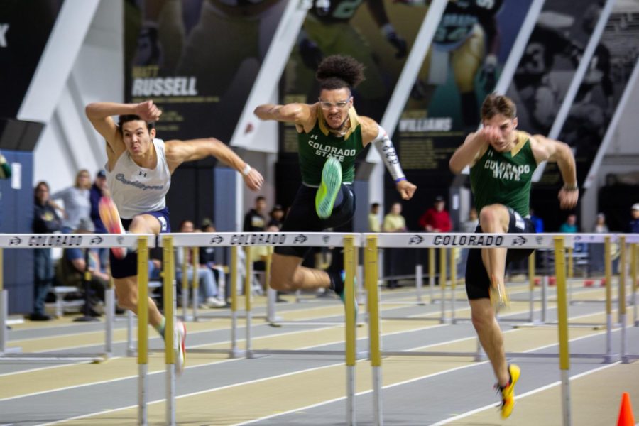 PJ Robinson and Carsen Bruns compete in the mens 60-meter hurdles event at the Colorado Invitational, hosted at the University of Colorado, Boulder Jan 22. Robinson had a time of 8.27, seconds putting him in fifth place in the finals.