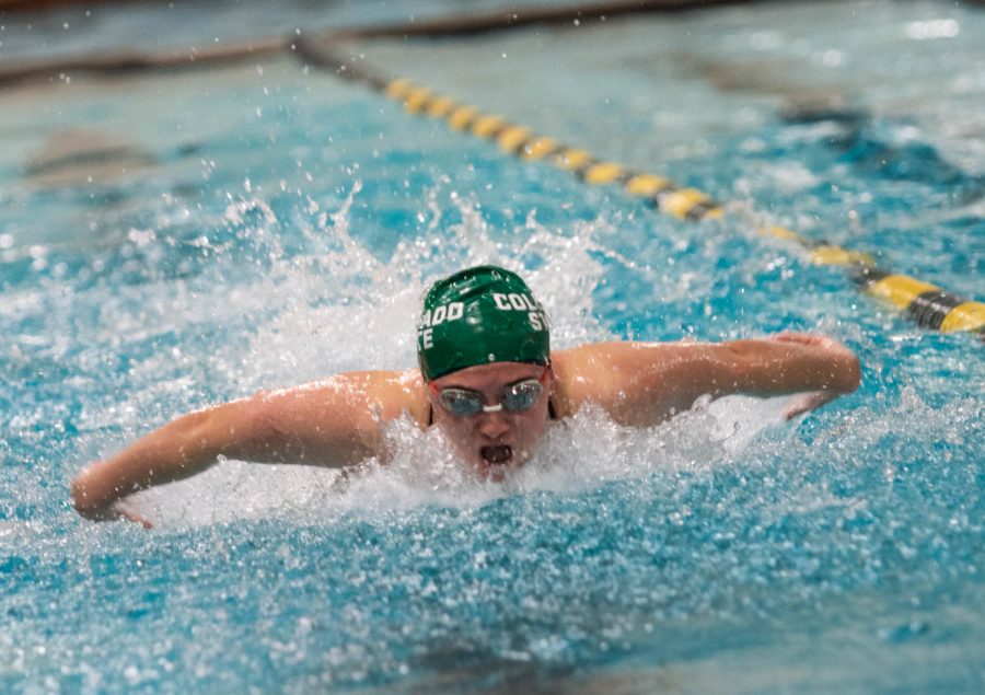 A Colorado State University swimmer competes in the 200-yard individual medley in the Butler-Hancock Pool at the University of Northern Colorado invitational Jan. 27. The Rams won 185.5-113.5.