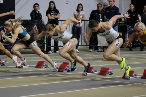 Colorado State University sprinters Taylor Rowe (2) and Abigail Groleau (3) launching off during the 60 meter prelims at the CU Potts Invite on Jan. 14, 2023.
