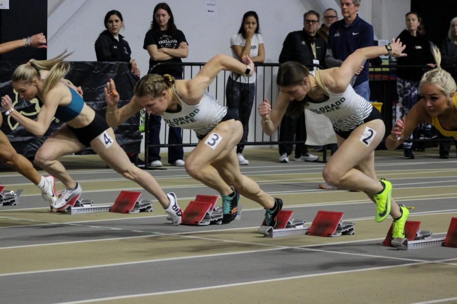 Colorado State University sprinters Taylor Rowe (2) and Abigail Groleau (3) launching off during the 60 meter prelims at the CU Potts Invite on Jan. 14, 2023.
