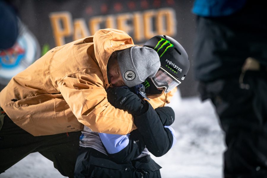 Megan Oldham embraces her brother Bruce Oldham after making history as the first woman to land a triple cork in competition during the X Games Aspen Womens Ski Big Air Jan. 27. Oldman won gold with a score of 91 out of a possible 100, achieving a perfect score for her triple cork.