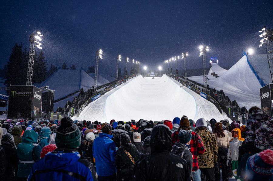 A crowd gathers at the base of the X Games Aspen Monster Energy Mens Ski SuperPipe for finals Jan. 29.