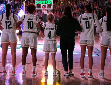 The Colorado State University womens basketball team lines up for the national anthem at Moby Arena Feb. 2, 2023. The Rams played the Utah State University Aggies for Education Day with nearly 5,000 4th and 5th graders from Fort Collins and Loveland in the stands.