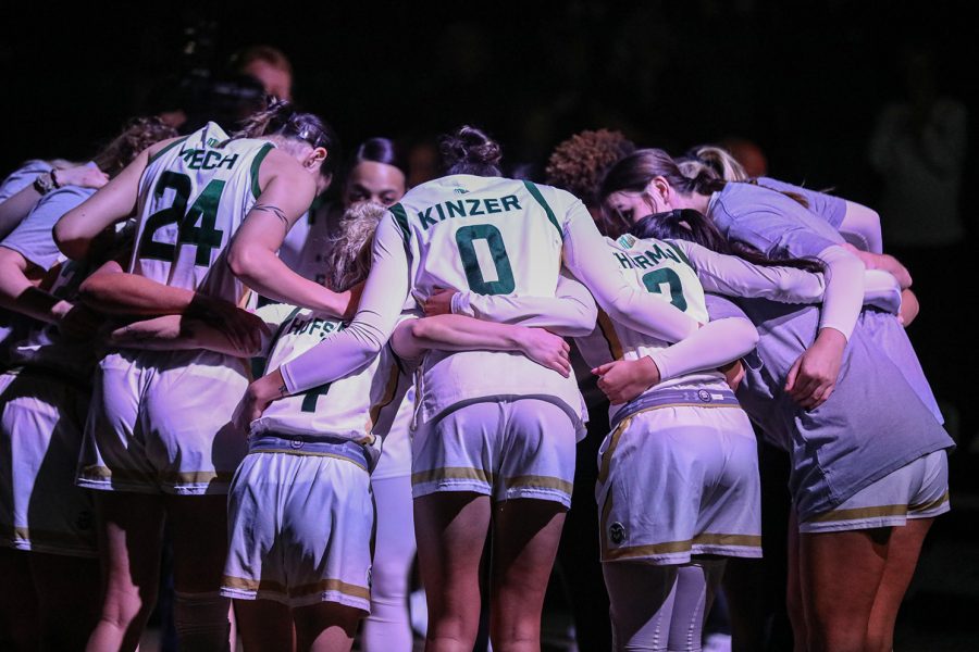 The Colorado State University womens basketball team huddles up before taking on the United States Air Force Academy at Moby Arena Feb. 18, 2023. The Rams won 67-64 in their second match up against the Falcons this season.