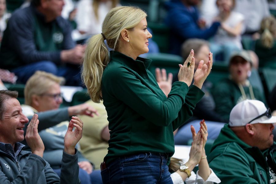 Amy Parsons, Colorado State University president, cheers on the Rams after the womens basketball team makes a 3-pointer against the United States Air Force Academy at Moby Arena Feb. 18, 2023. The Rams won 67-64 in their second-to-last home game of the season.