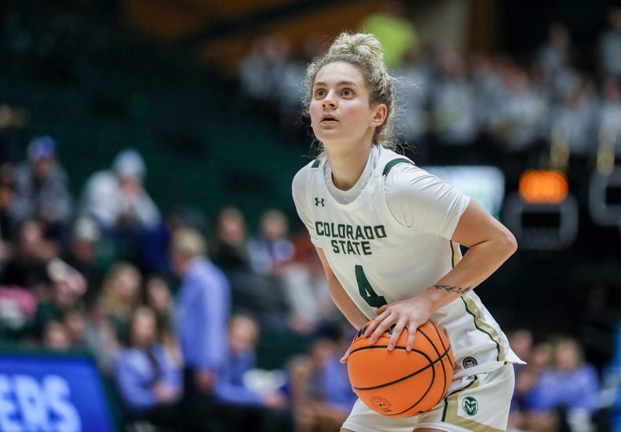 Colorado State University guard McKenna Hofschild (4) makes a free throw at Moby Arena Feb. 18, 2023. The Rams beat the United States Air Force Academy 67-64 in their second matchup of the season.