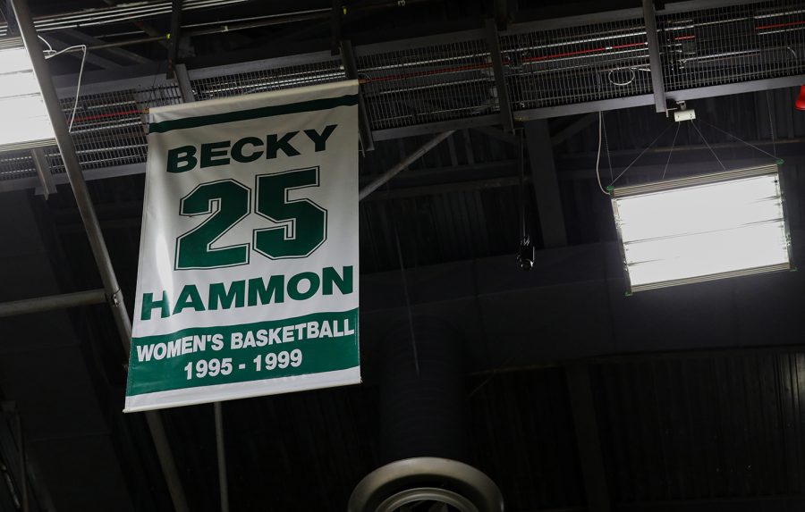 Colorado State University womens basketball legend Becky Hammons name and number hang in the rafters at Moby Arena Feb. 21, 2023. Hammon played for the Rams in the 1990s and went on to 15-year career with the WNBA before becoming a coach for both the NBA and the WNBA. Hammon is the only womens baskeball player to have her jersey number retired at CSU.