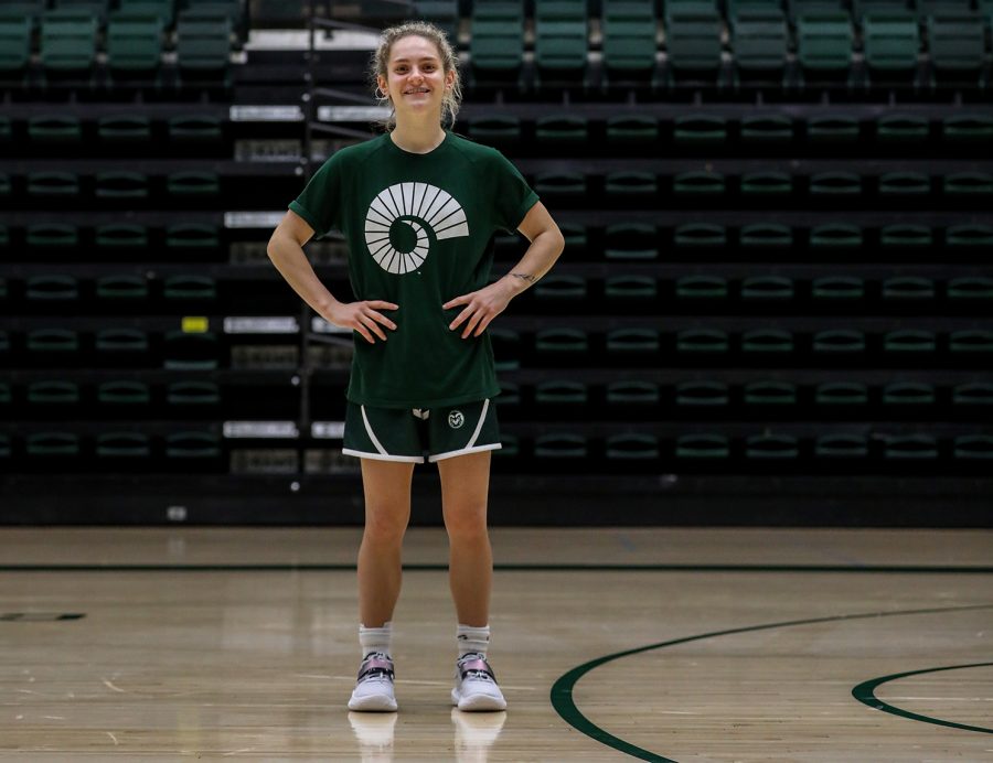 McKenna Hofschild poses on the Moby Arena basketball court after practice Feb. 21, 2023. Hofschild is one of Colorado State Universitys leading point guards and is on the short list for two major awards given to womens college basketball players.