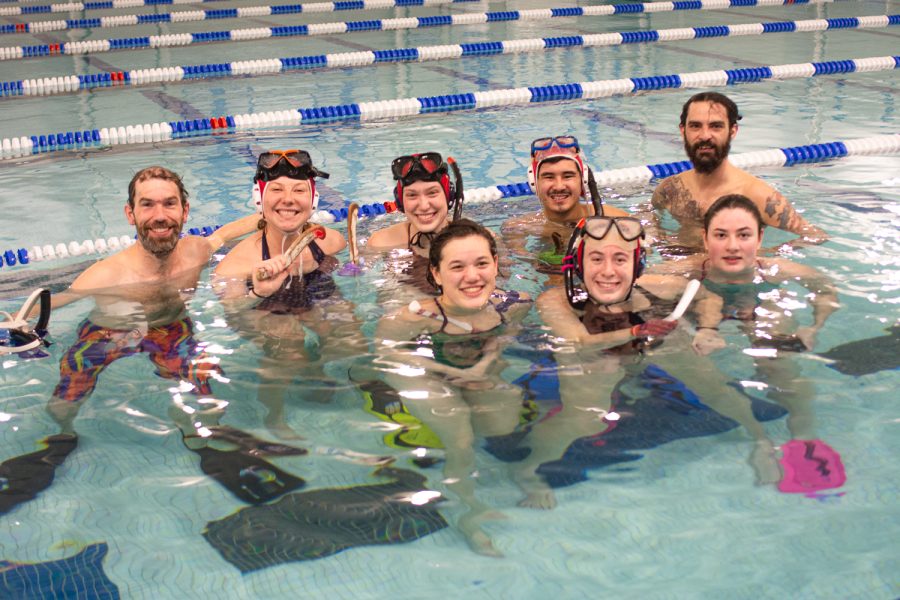 Underwater hockey players after the scrimmage at Edora Pool Ice Center (EPIC) recreation center in Fort Collins, Colorado Feb. 7
