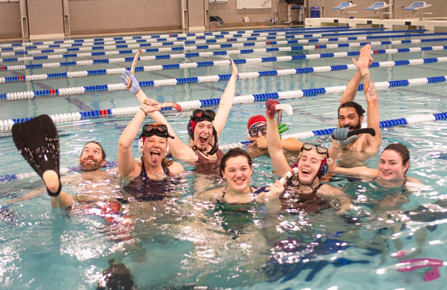 Underwater hockey players after the scrimmage at Edora Pool Ice Center (EPIC) recreation center in Fort Collins, Colorado Feb. 7