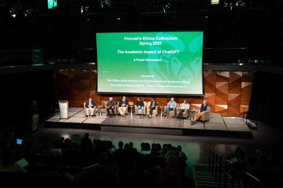 In the Lory Student Center Theatre, the panel for the Provost’s Ethics Colloquium discusses the impacts of ChatGPT in academia Feb 16. The panel was composed of, left to right, Joseph Brown, David Dandy, Steven Lovaas, Nikhil Krishnaswamy, Lumina Albert, Paul DiRado, Kimberly Cox-York and Daniel Baker. 