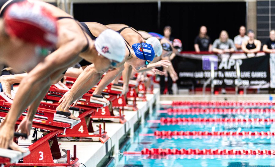 Lexie Trietley, Colorado State University swimmer, starts her 200-yard freestyle event during the 2023 Mountain West Swimming & Diving Championships in the Campus Recreation and Wellness Center Natatorium at the University of Houston Feb. 18.
