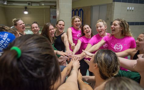 Colorado State University swimmers cheer for the last time during the 2023 Mountain West Swimming & Diving Championships in the Campus Recreation and Wellness Center Natatorium at the University of Houston Feb. 18.