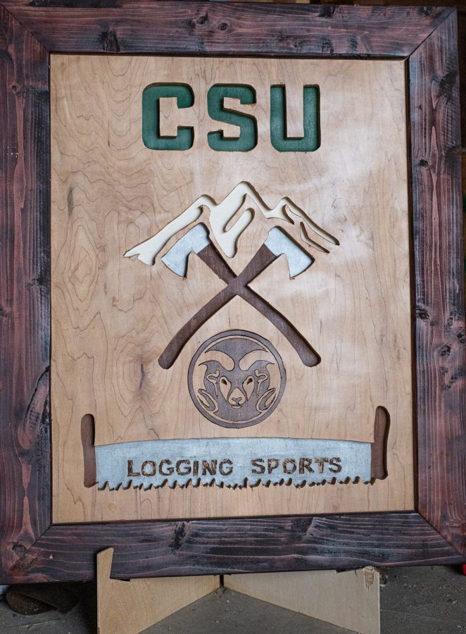 The Colorado State University logging sports team placard in the equipment space at the CSU METEC laboratory Feb. 22.  