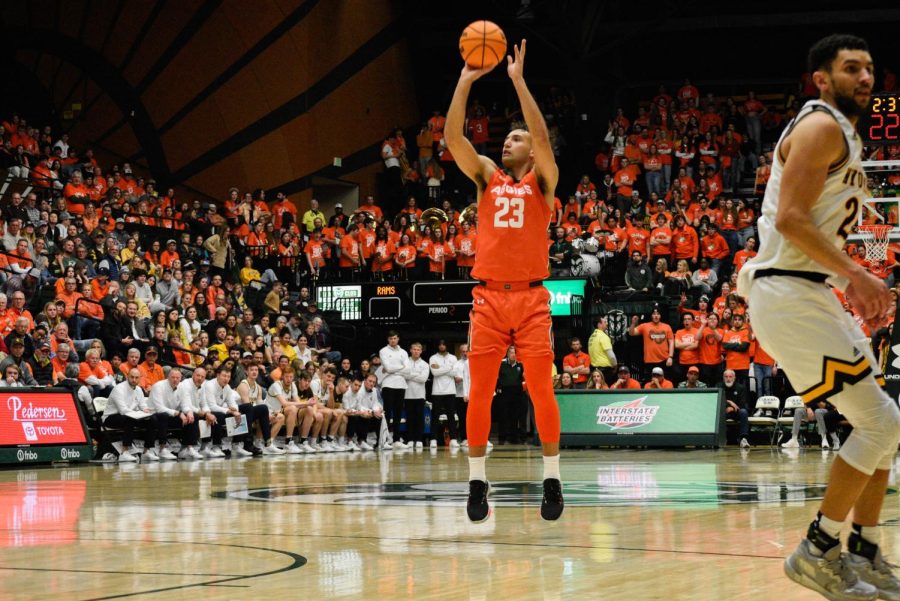 Guard Isaiah Rivera (23) shoots a three-pointer during the Border War game against the University of Wyoming at Moby Arena Feb. 24. The Rams defeated the Cowboys 84-71.