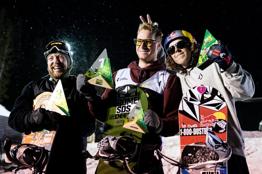 From left to right, Dylan Alito, No. 3, Nate Haust, No. 1, and Benny Milam, No. 2, on the podium of Mens Snowboard Super Streetstyle Final at Dew Tour Copper Mountain Feb. 26.